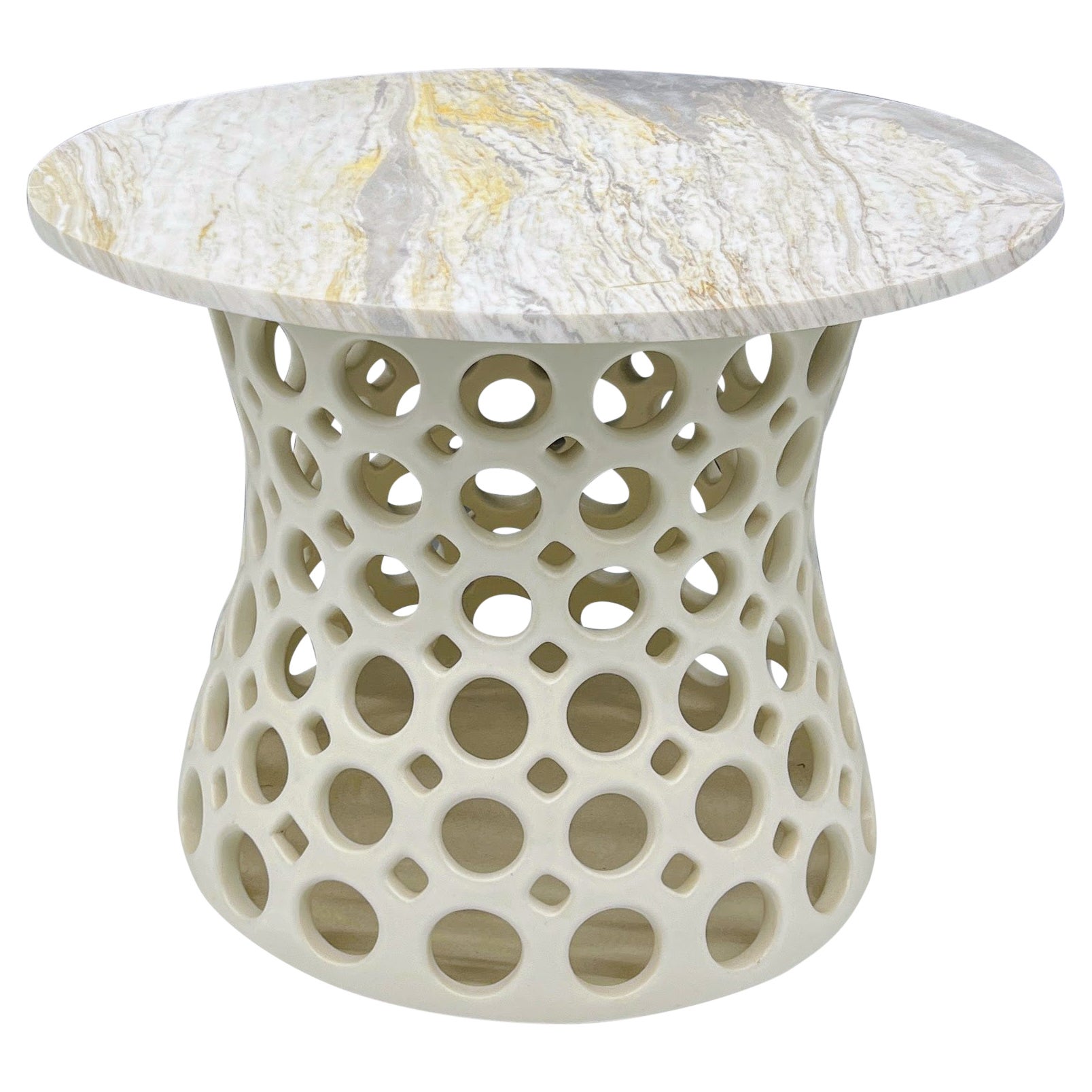 Pierced White Ceramic Side Table with Grey, White Stone Top For Sale