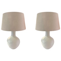 White Funnel Neck Shaped Pair Of Lamps With Shades, China, Contemporary