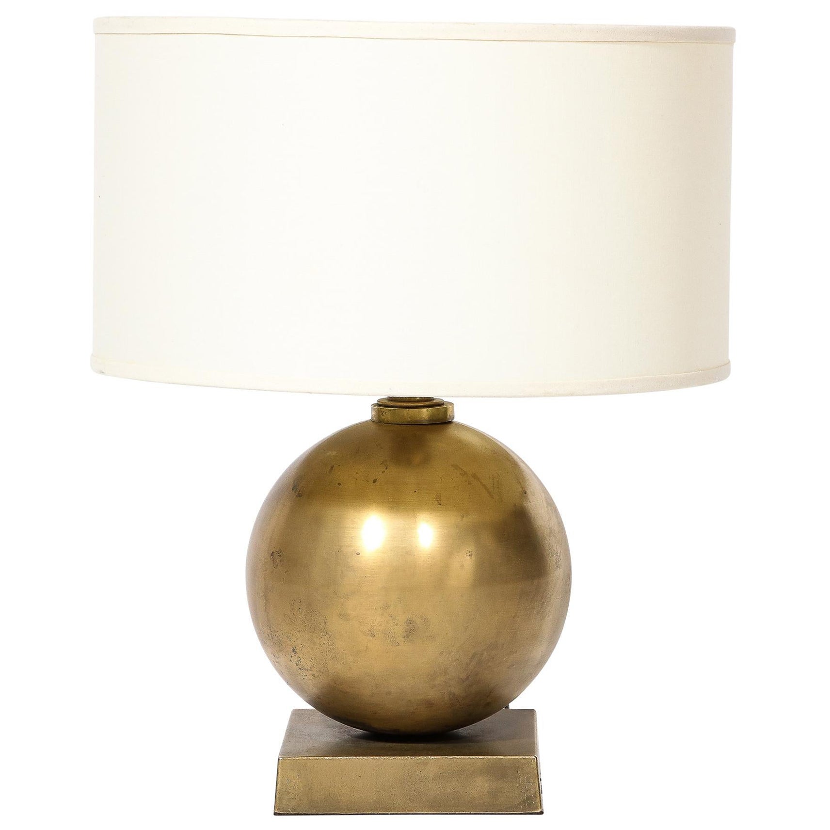 Mid-Century Spherical Brass & Rectilinear Base Table Lamp w/ Custom Drum Shade For Sale
