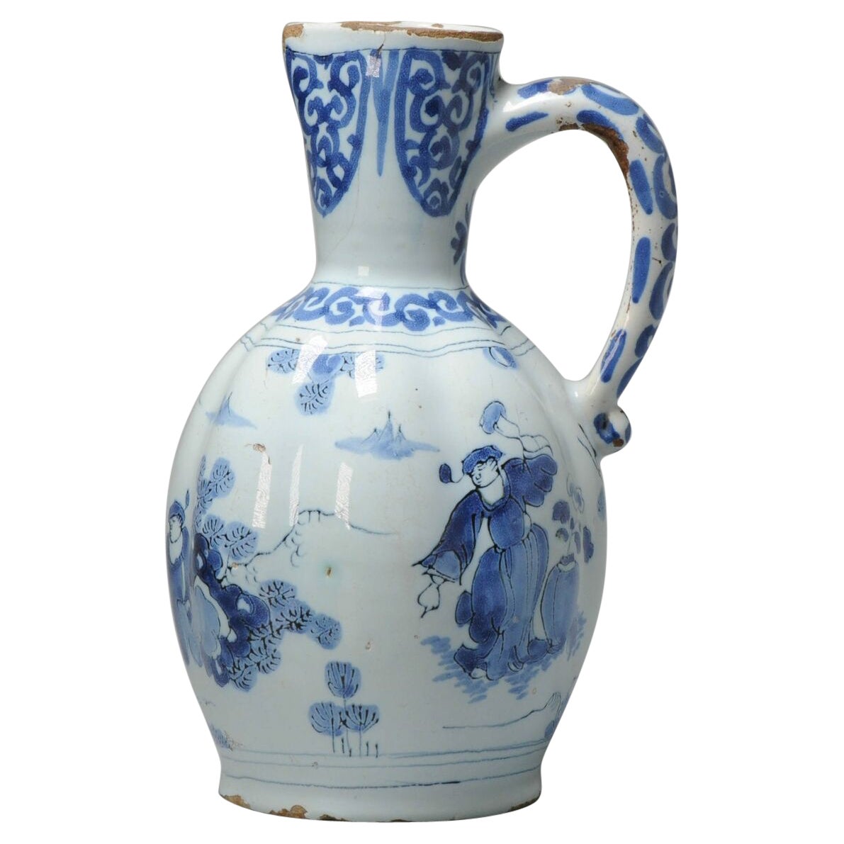 Dutch Delftware Figural Earthenware Ewer Vase in Chinese Transitional Style