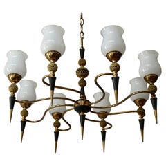 Vintage Brass and Opaline Glass Chandelier Italy 1950s