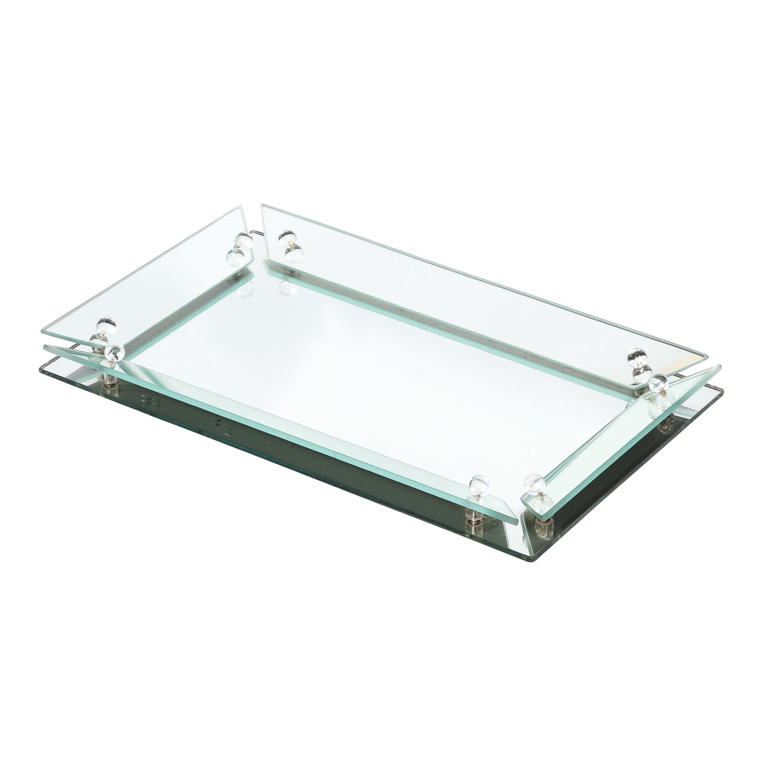 Art Deco Vanity Tray in Beveled Mirror Glass with Glass Studded Detailing For Sale