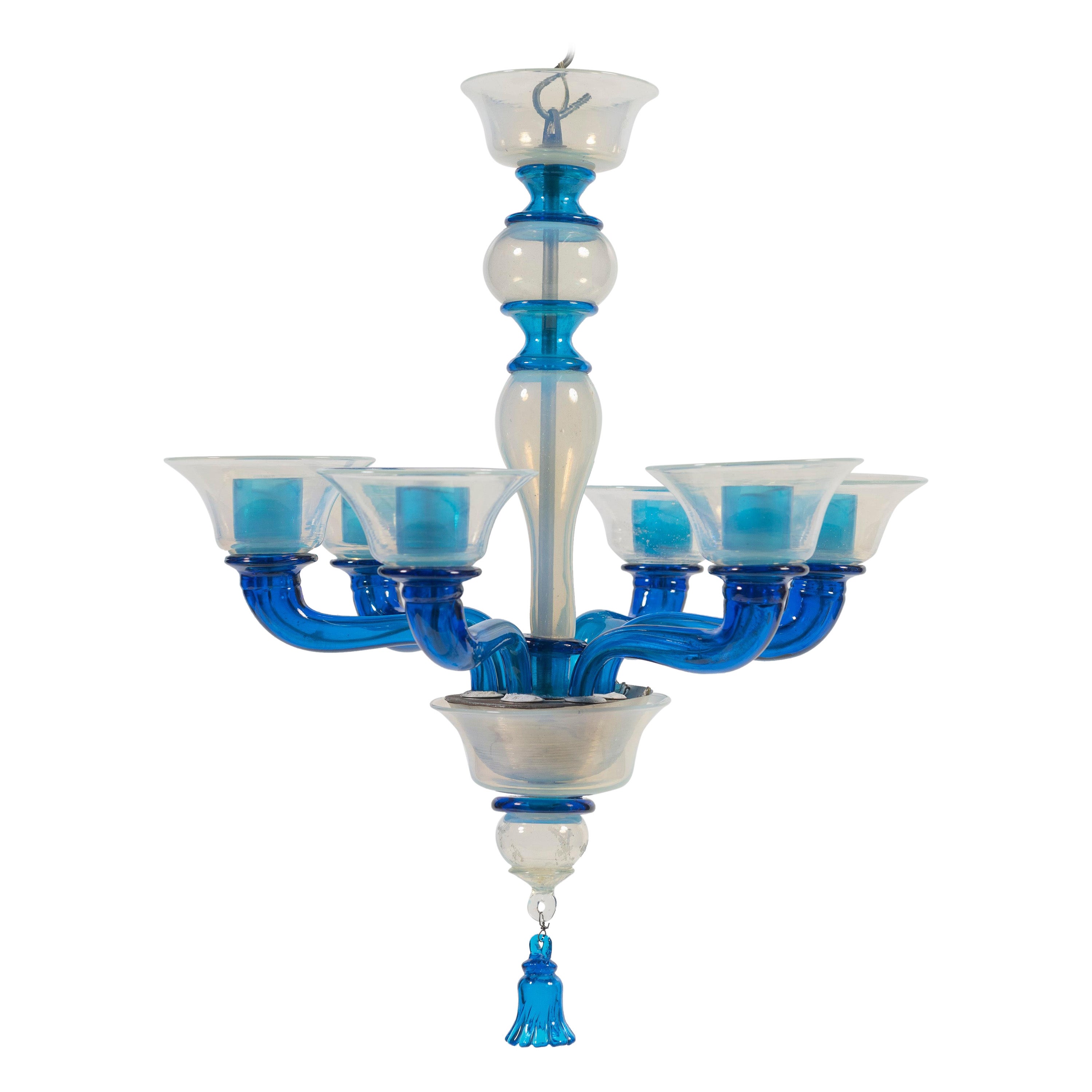 1950's Chandelier, Attributed to Venini, with Blue Iridescent Blown Glass For Sale