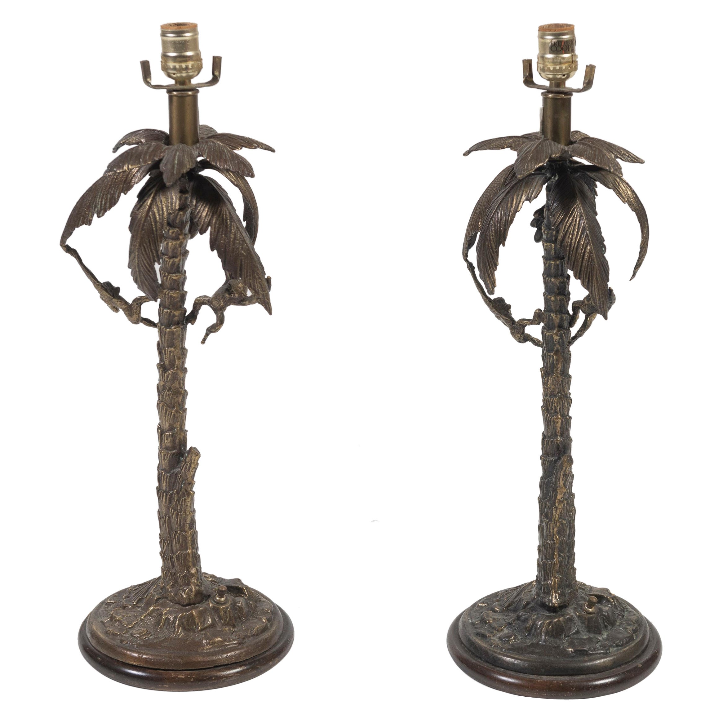 Pair of Vintage Brass Frederick Cooper Table Lamps, Monkeys in a Palm Tree For Sale