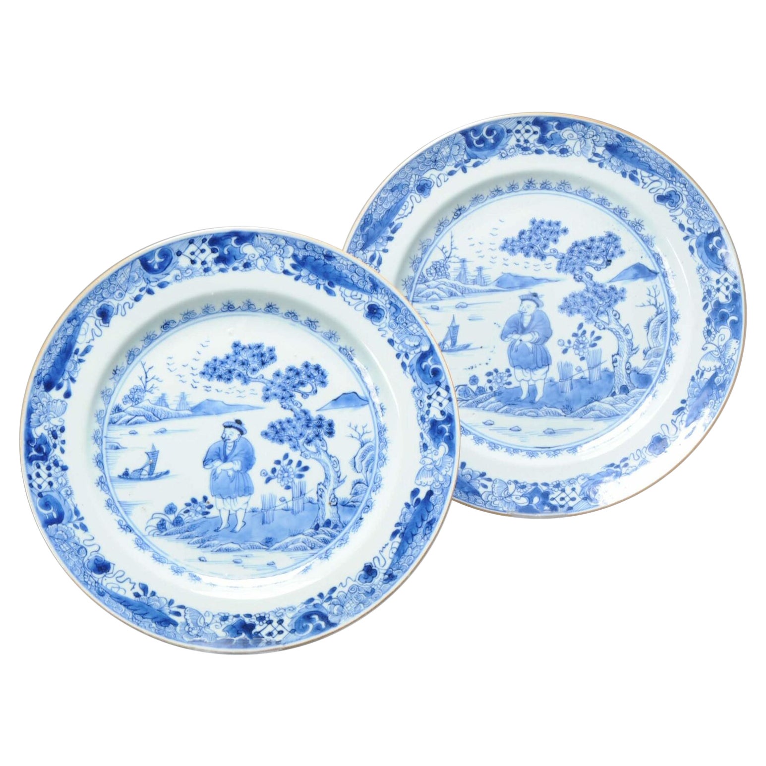 Pair Antique Cobalt Blue Dishes Figures in landscape Chinese Porcelain, 18th C