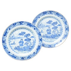 Pair Antique Cobalt Blue Dishes Figures in landscape Chinese Porcelain, 18th C