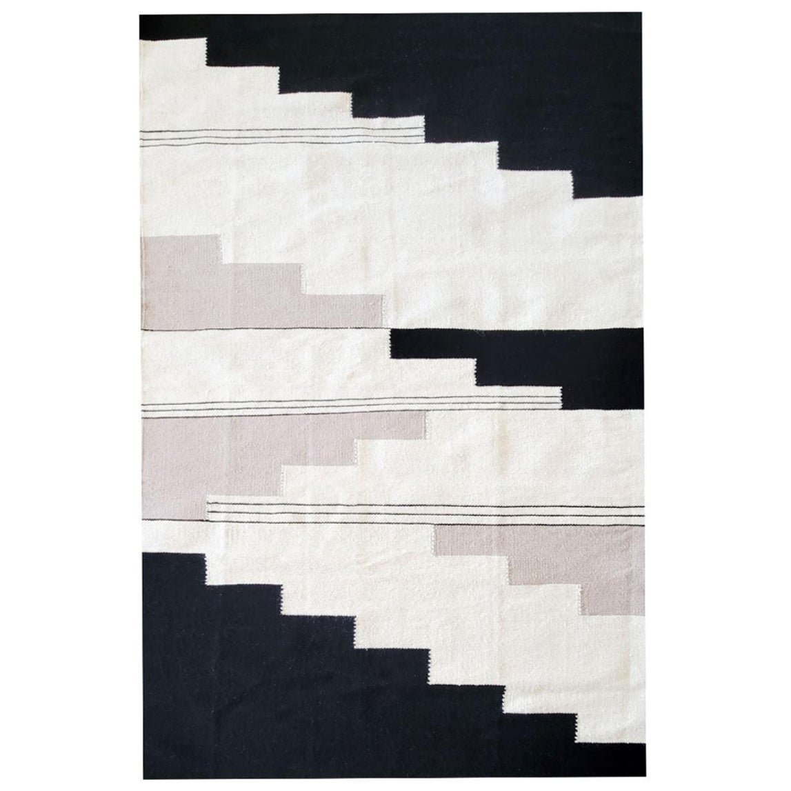 Ayda Handwoven Black and Cream Wool Kelem Area Rug For Sale