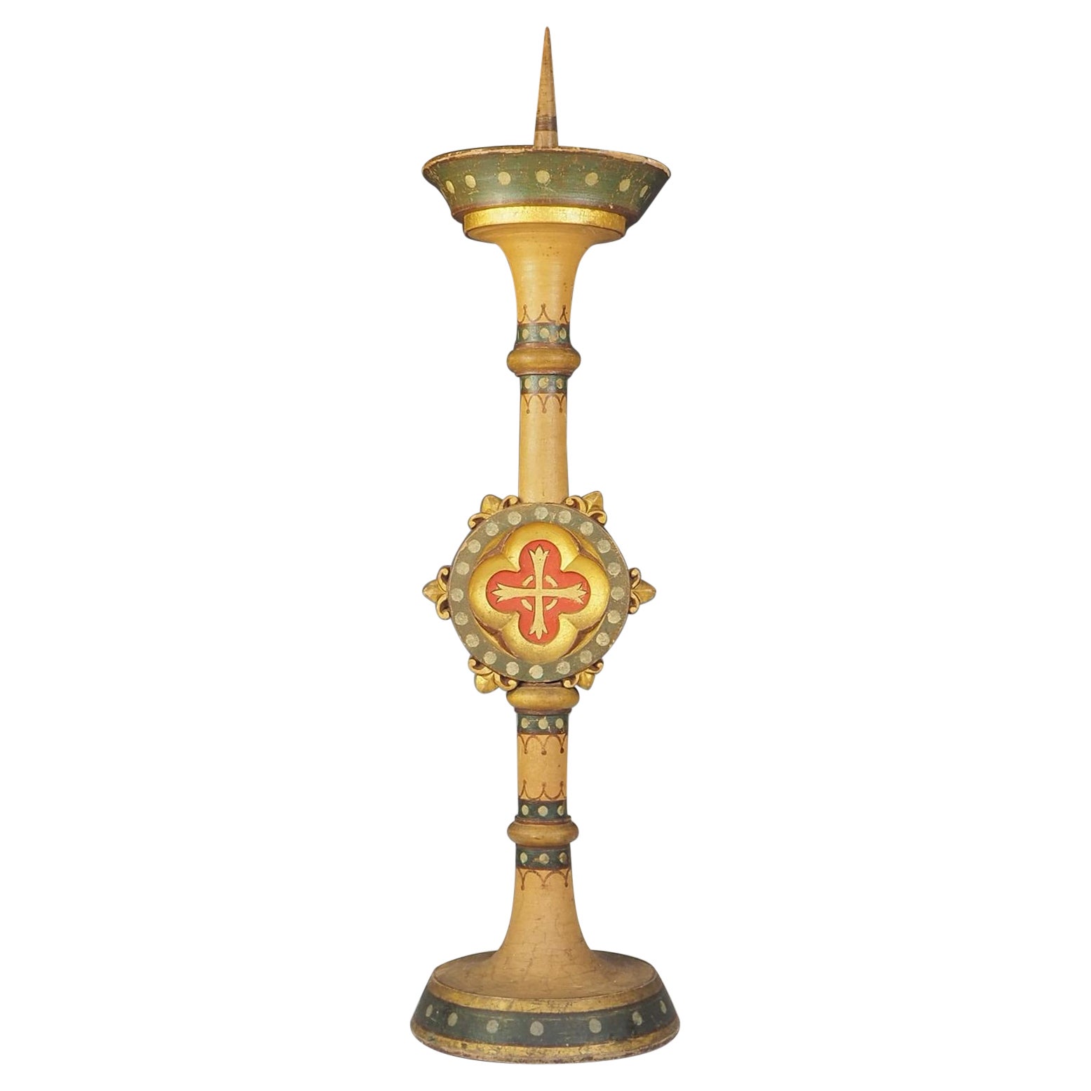 Large Gothic Revival Polychrome and Giltwood Altar Candlestick For Sale