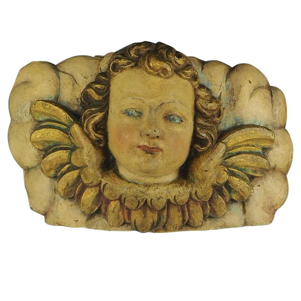 18th Century Carved Wood Panel – Polychrome Head Of Cherub – Putto