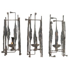 Five Vintage Brutalist Candle Sconces of Wrought Iron, Italian, 1970s