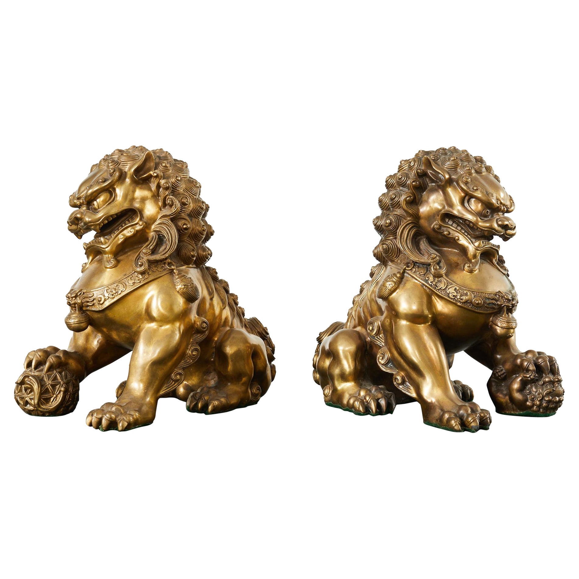 Pair of Chinese Bronzed Metal Buddhist Temple Foo Dogs Lions  For Sale