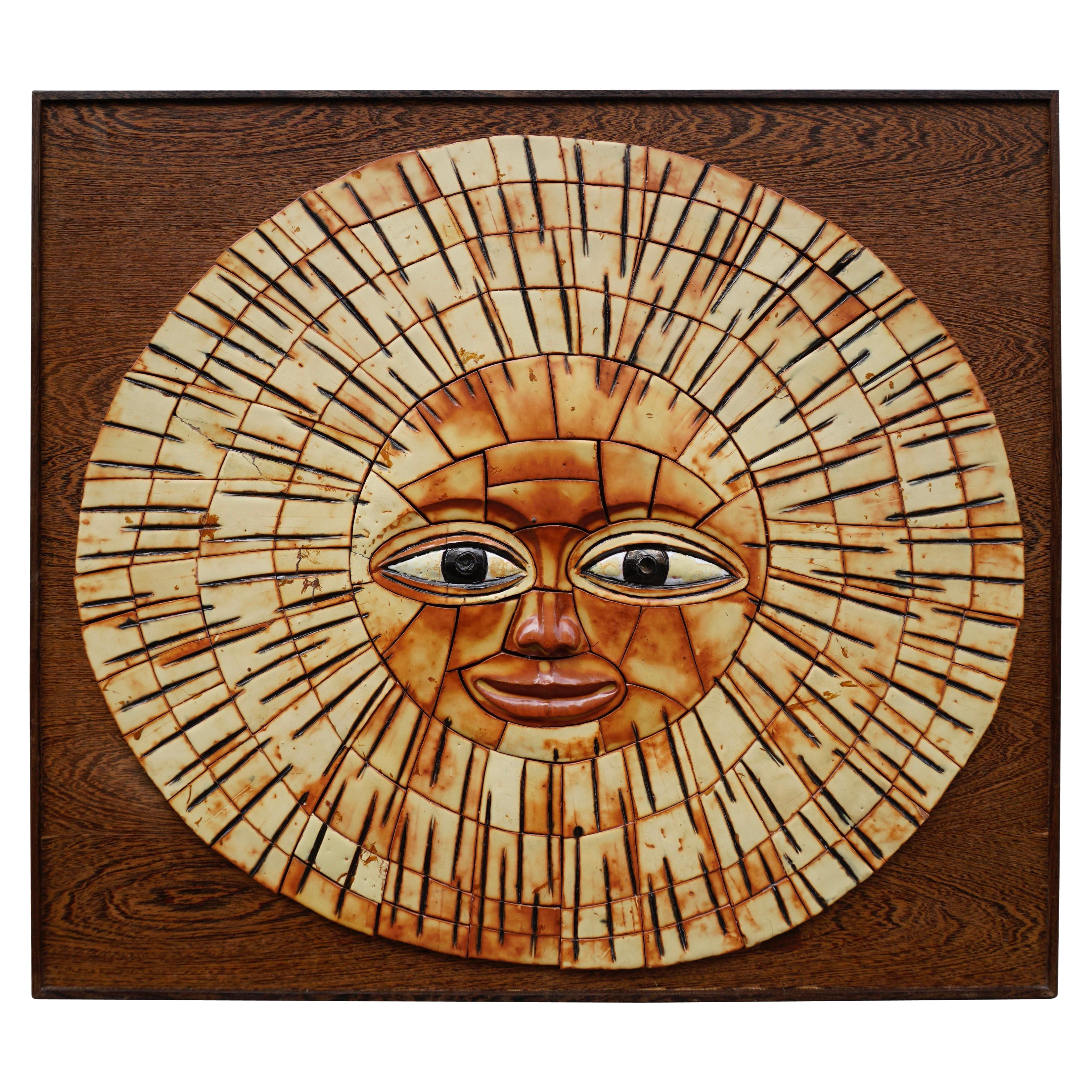 Ceramic Figural Moon Sun Face Wall Hanging Sunburst Sculpture For Sale