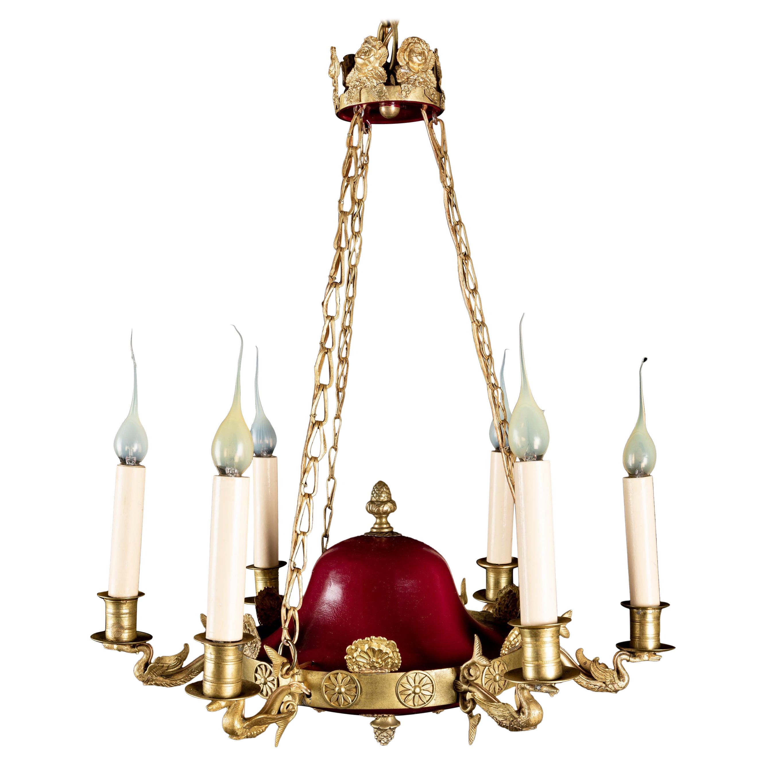 French Empire Style GIlt Bronze and Red Painted tole Swan Chandelier For Sale