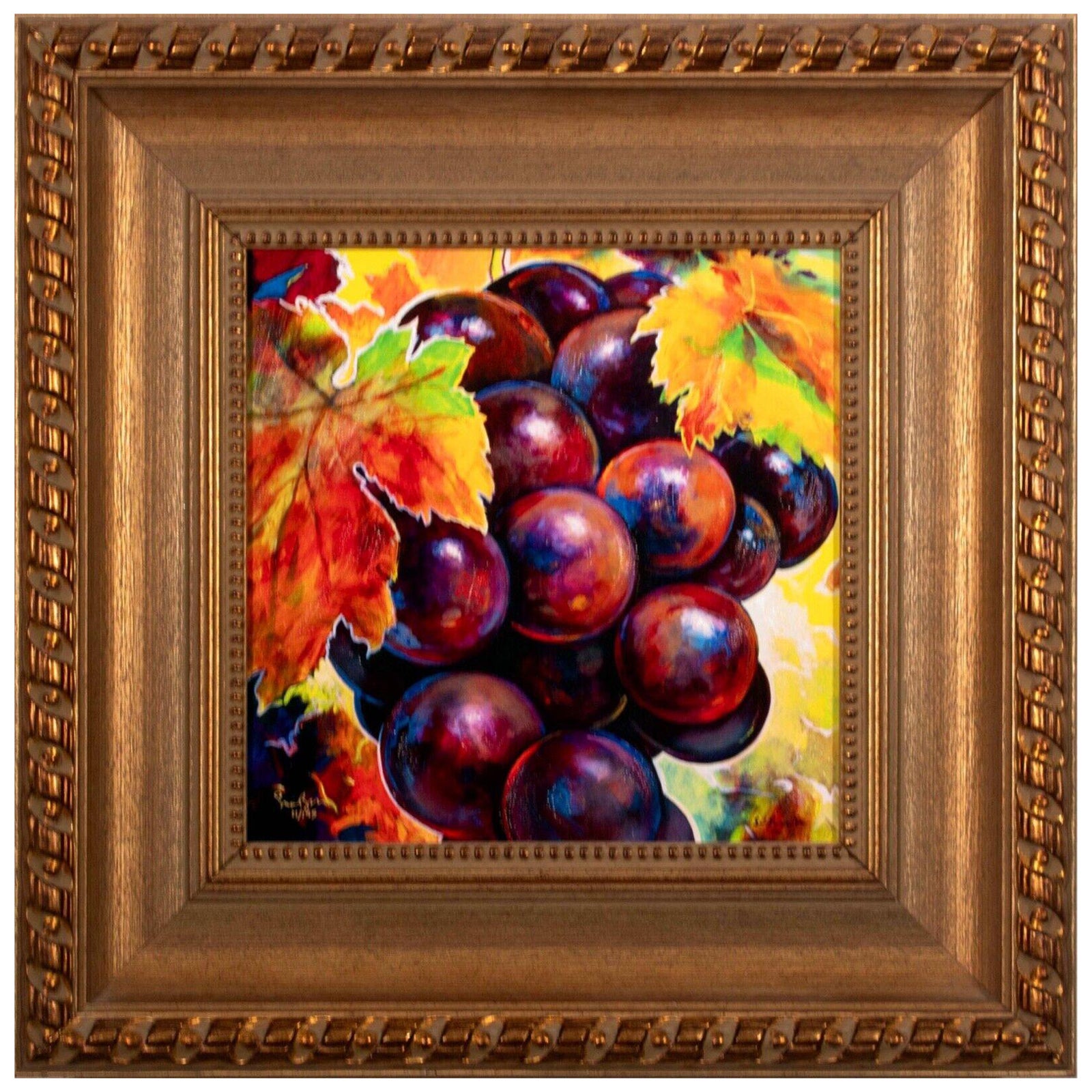 Simon Bull Grapes Giclee Signed Unique Acrylic Painting on Verso Framed 11/195 For Sale
