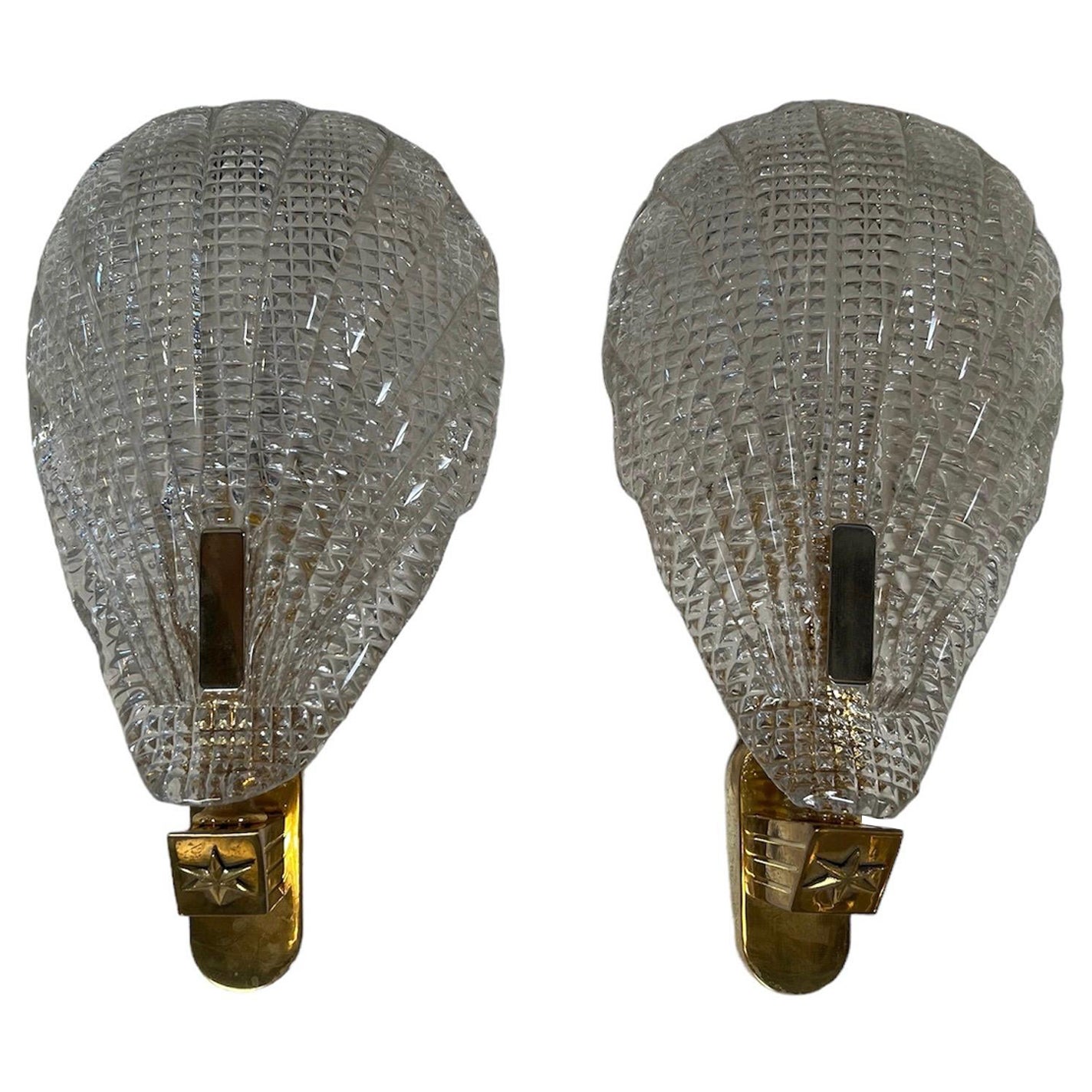 Pair of 2 Mid Century Italian Murano and Brass Sconces 1960 For Sale