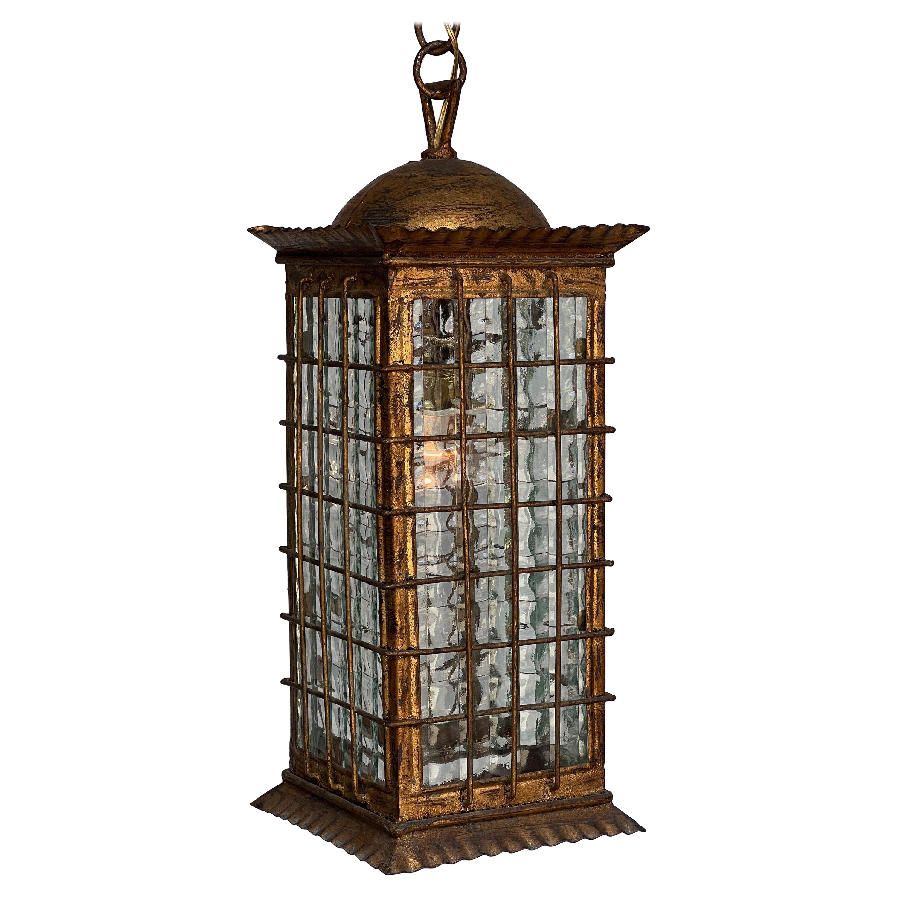 Spanish Gilt Metal Lantern with Textured Glass For Sale