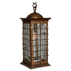 Antique Spanish Gilt Metal Lantern with Textured Glass