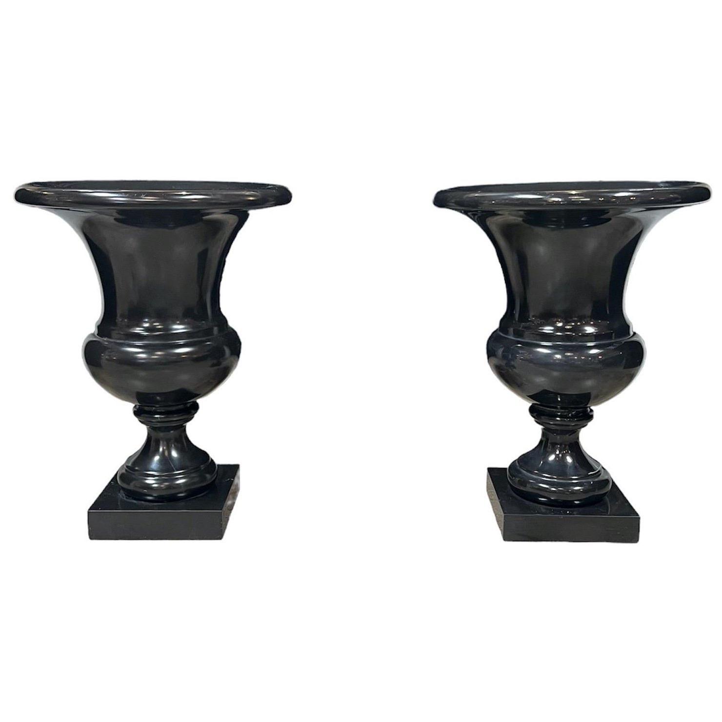 Pair of 2 Italian Decorative Black Marble Vases 1960 For Sale