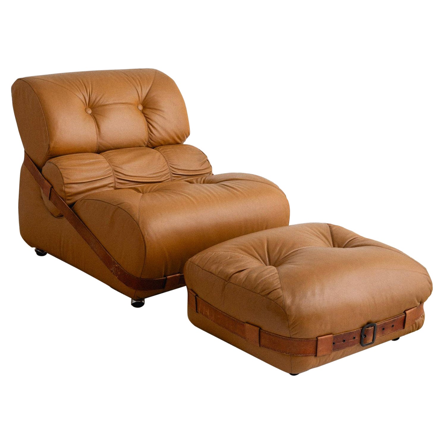 Overstuffed Italian Leather Lounge Chair & Ottoman For Sale