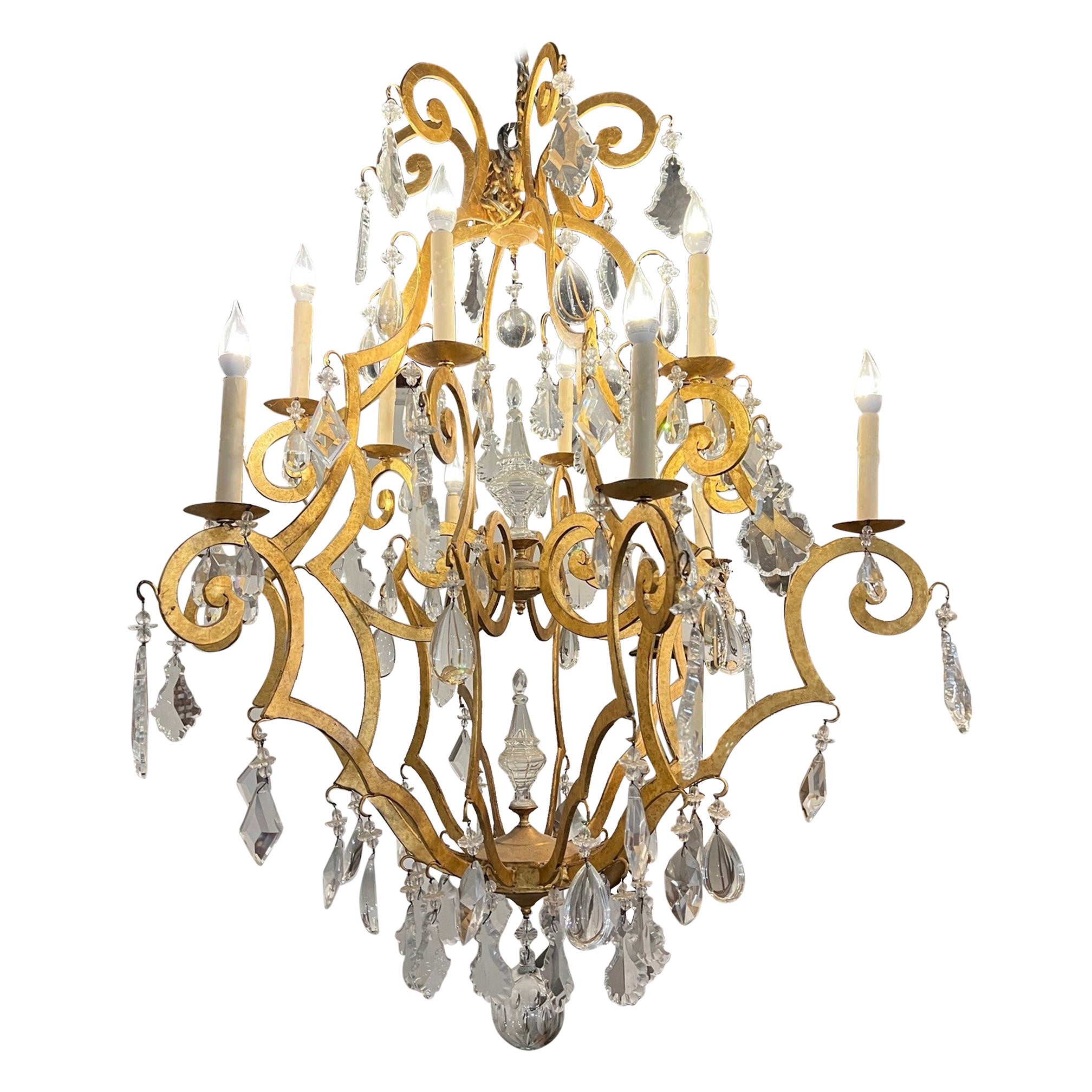 Large 12-Arm Iron and Crystal Chandelier in Gold Finish   For Sale