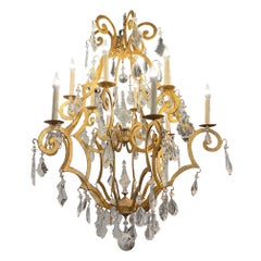 Large 12-Arm Iron and Crystal Chandelier in Gold Finish  