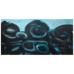 Monumental Blue and Black Circle Swirls Abstract Acrylic Painting on Wood Board