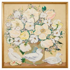 Vintage Ira Yeager Floral Still Life Painting with Ducks