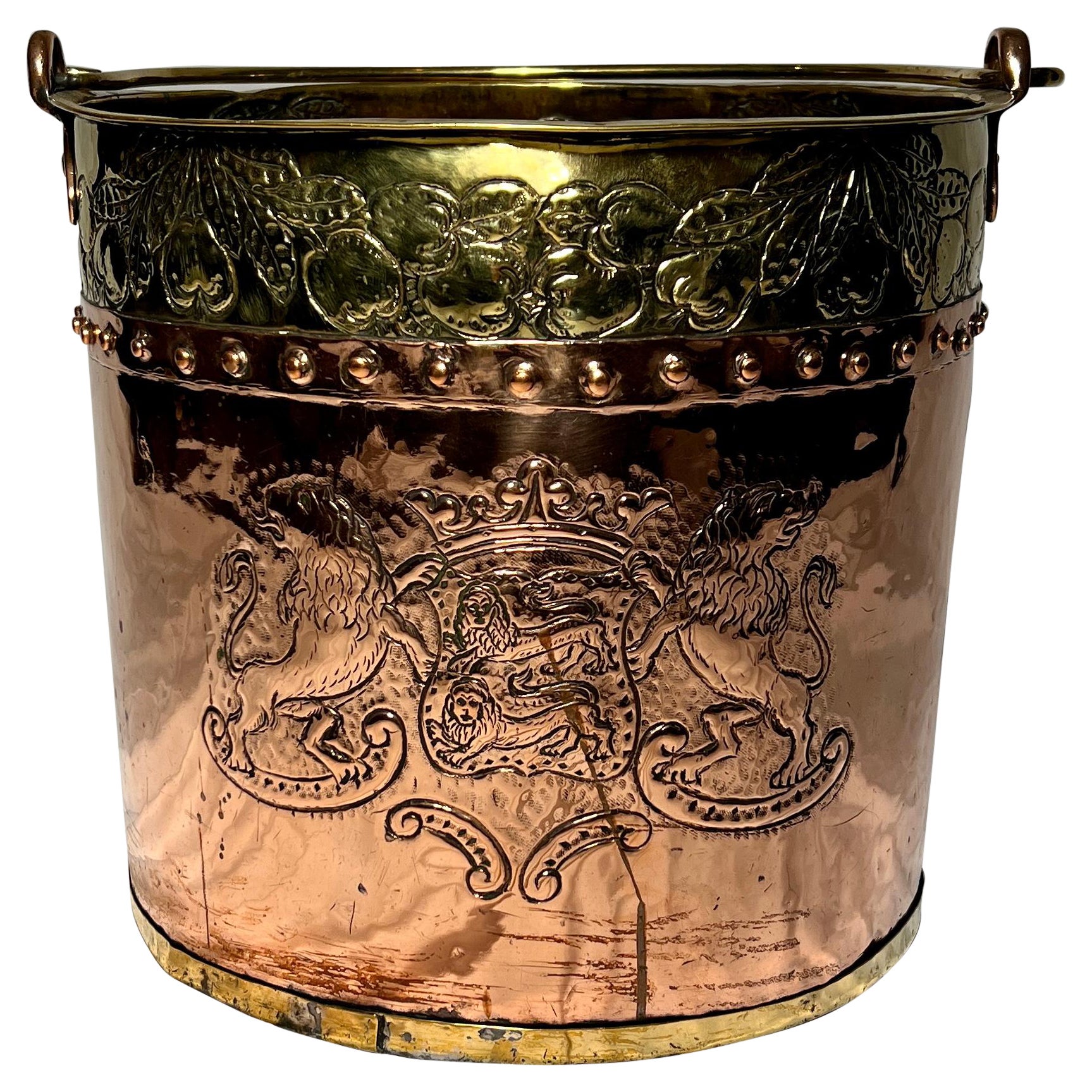 Antique English Copper and Brass Repousse Bucket For Sale