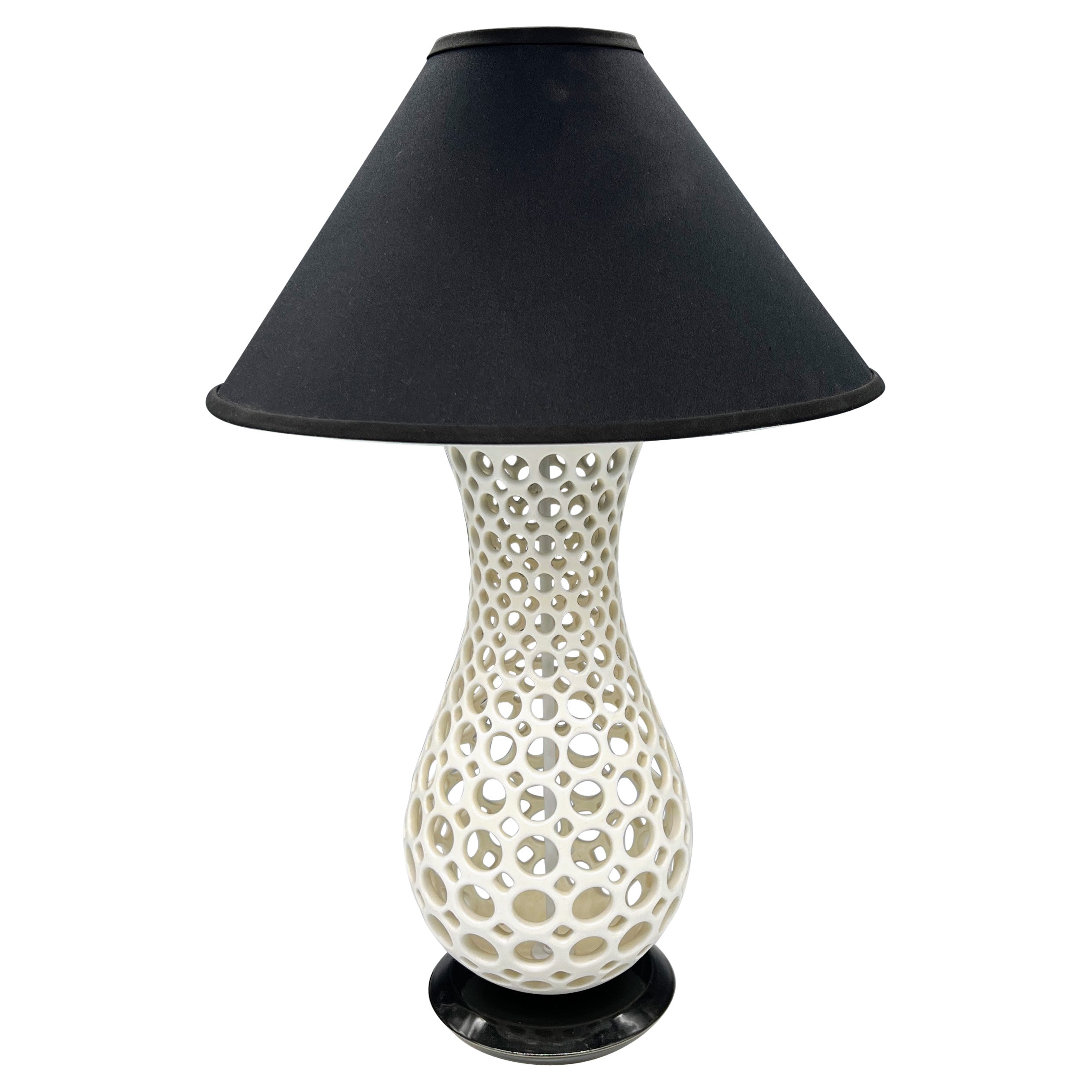 Pierced Ceramic Table Lamp-White with black accents For Sale