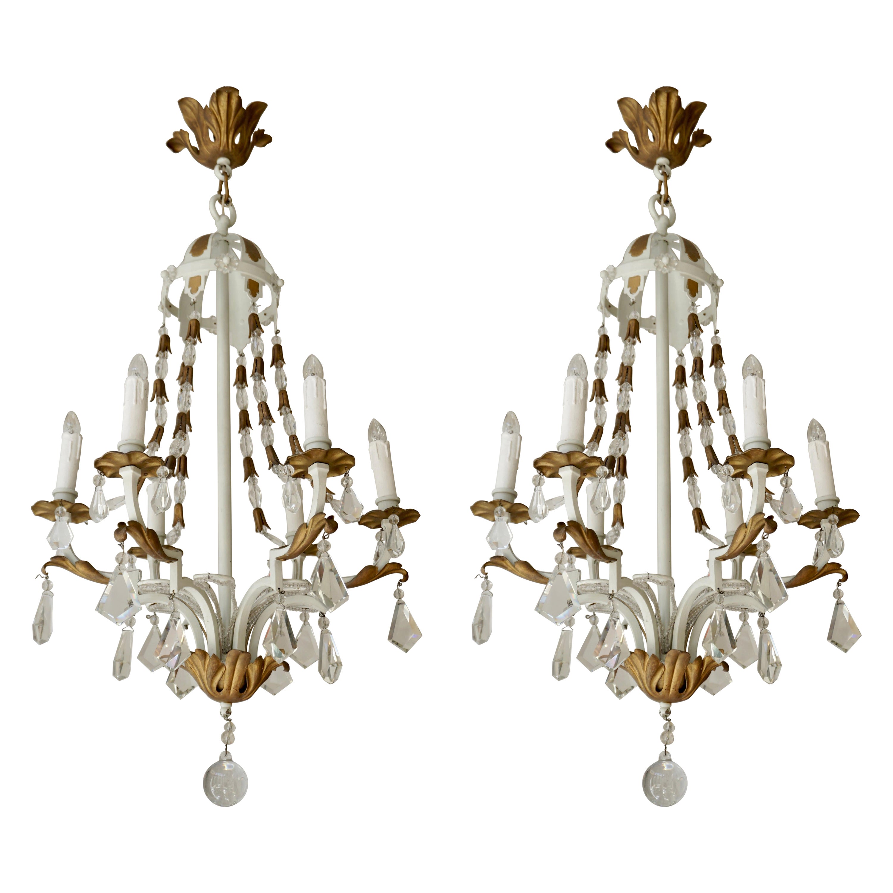 Two White Gold Chandeliers Decorated with Crystal