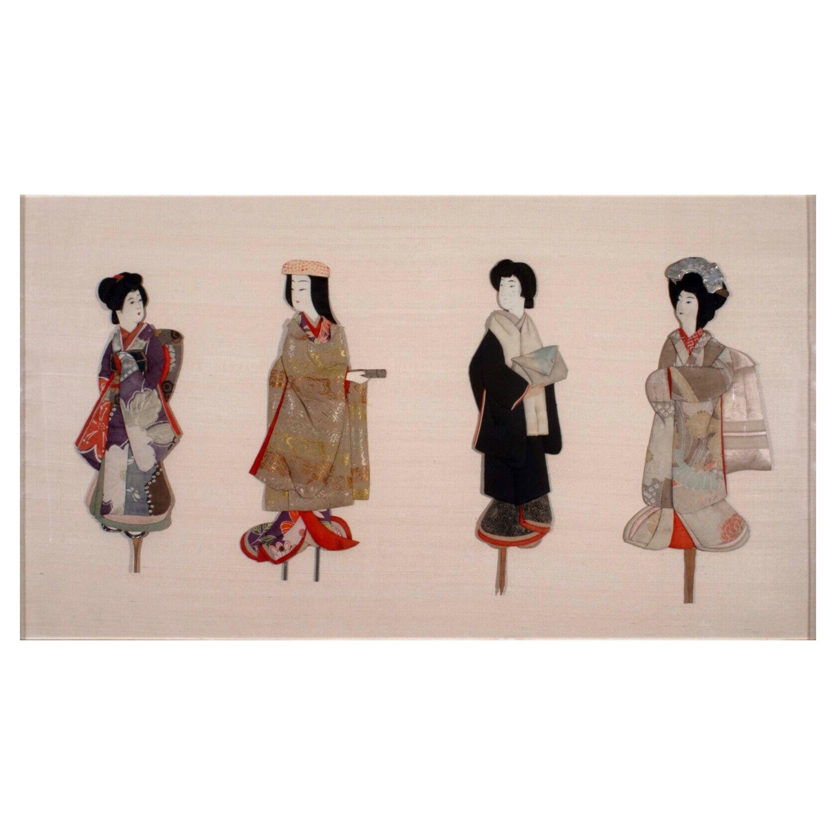 Antique Japanese Silk Brocade Oshie Art Geisha Puppet Dolls in Shadow Box Frame For Sale