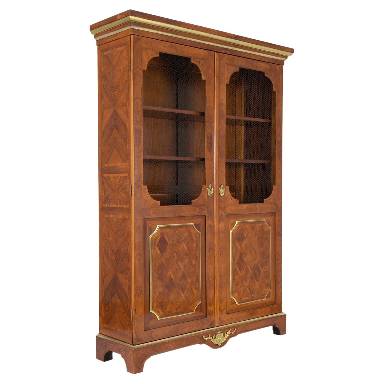 Antique French Louis XVI-Style Walnut Bookcase with Marquetry and Brass Details