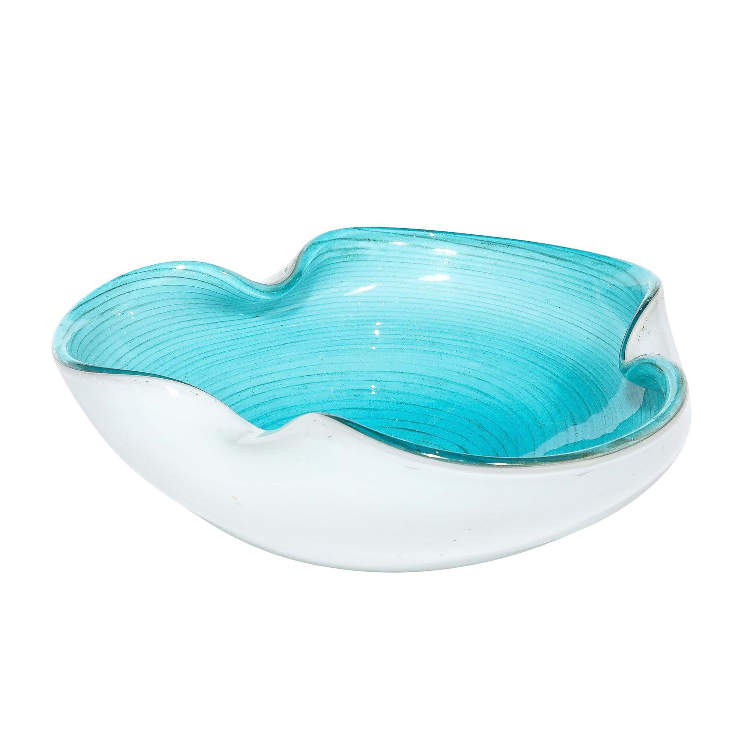 Mid-Century Modernist Powder Blue & White Handblown Murano Glass Dish
