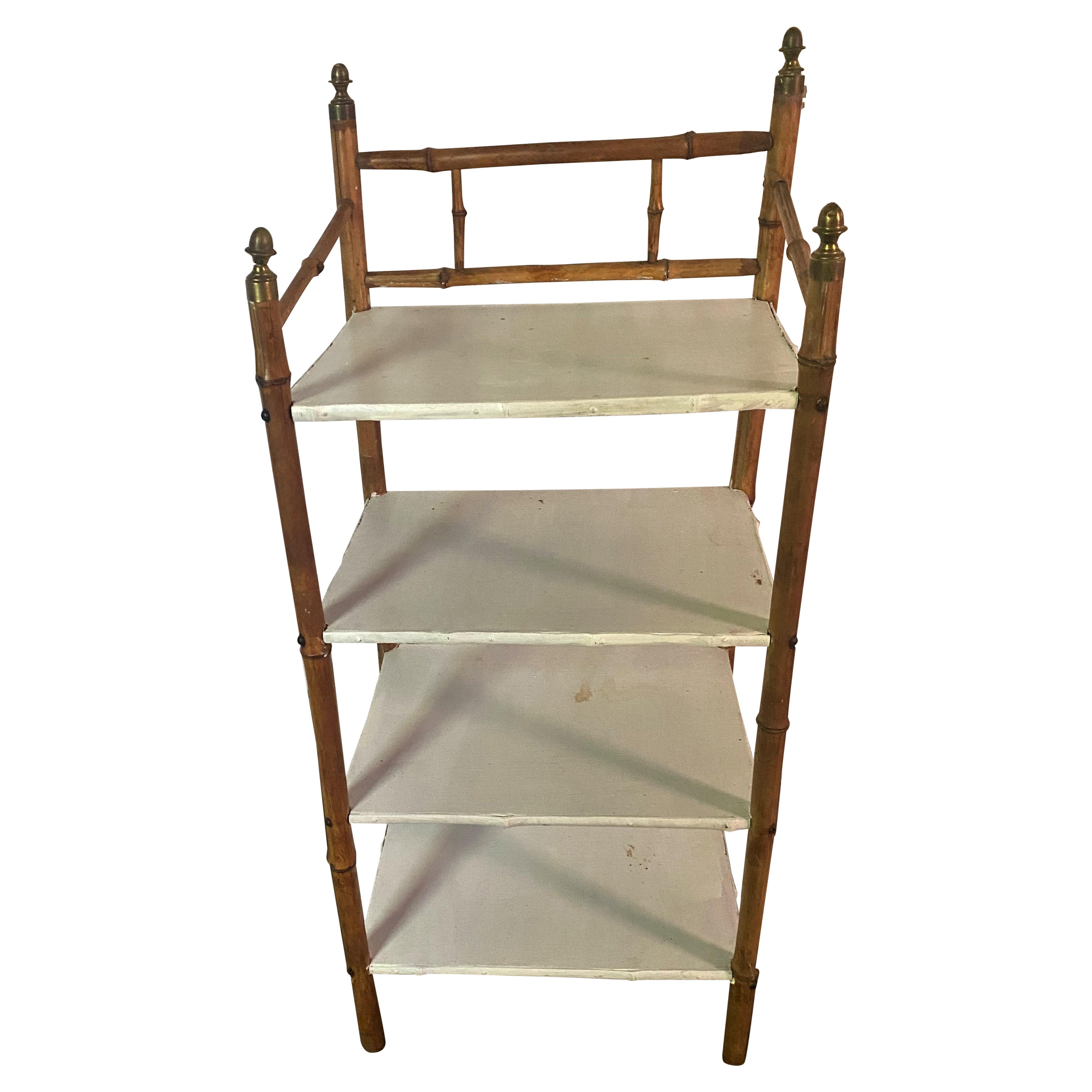 Small English Bamboo Bookcase w/ Painted Wood Shelves & Brass Finials For Sale