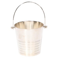 Art Deco Silver Plate Ice Bucket with Curved Handle and Banded Detailing