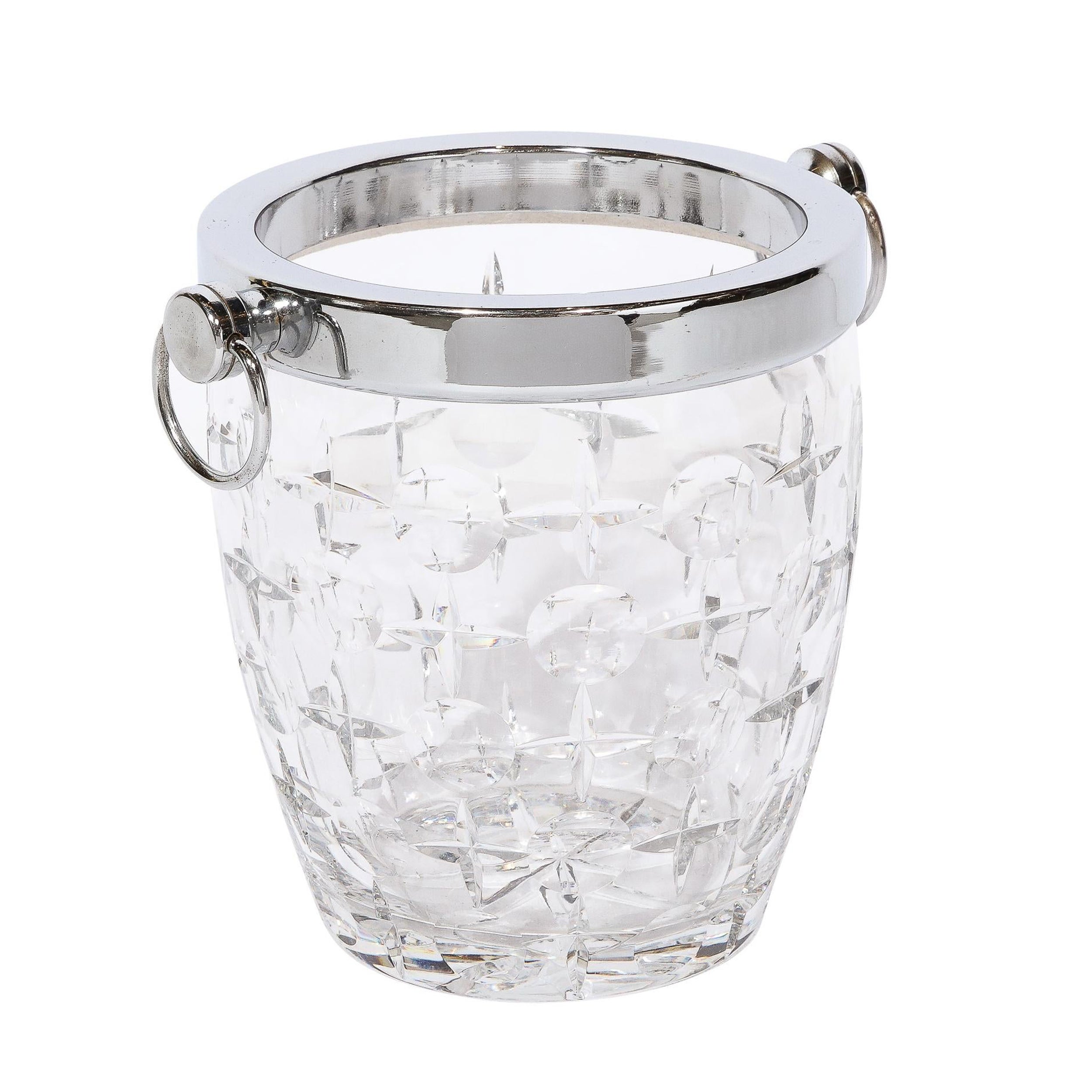 Mid-Century Modernist Cut Crystal Ice Bucket with Chrome Fittings & Loop Handles For Sale