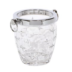 Mid-Century Modernist Cut Crystal Ice Bucket with Chrome Fittings & Loop Handles