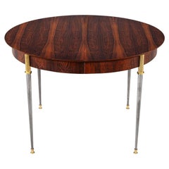Table de salle à manger en bois de rose avec pieds en acier inoxydable et bronze de Jules Leleu