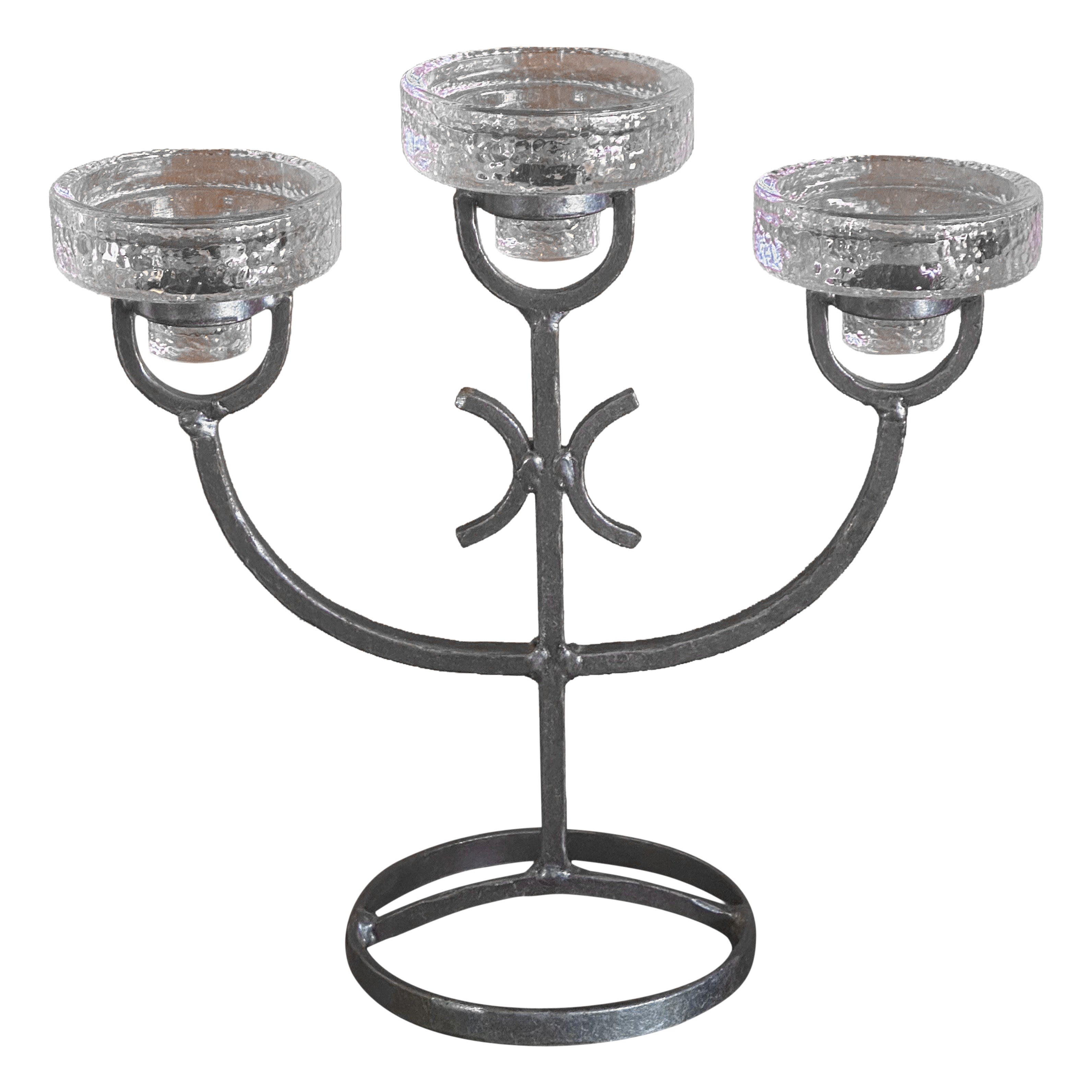 Three Glass Votive Candleholder In Hammered Iron by Erik Hoglund for Kosta Boda  For Sale