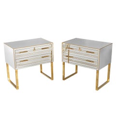 Vintage Pair of Modern Italian Brass and Mirror Nightstand Chests