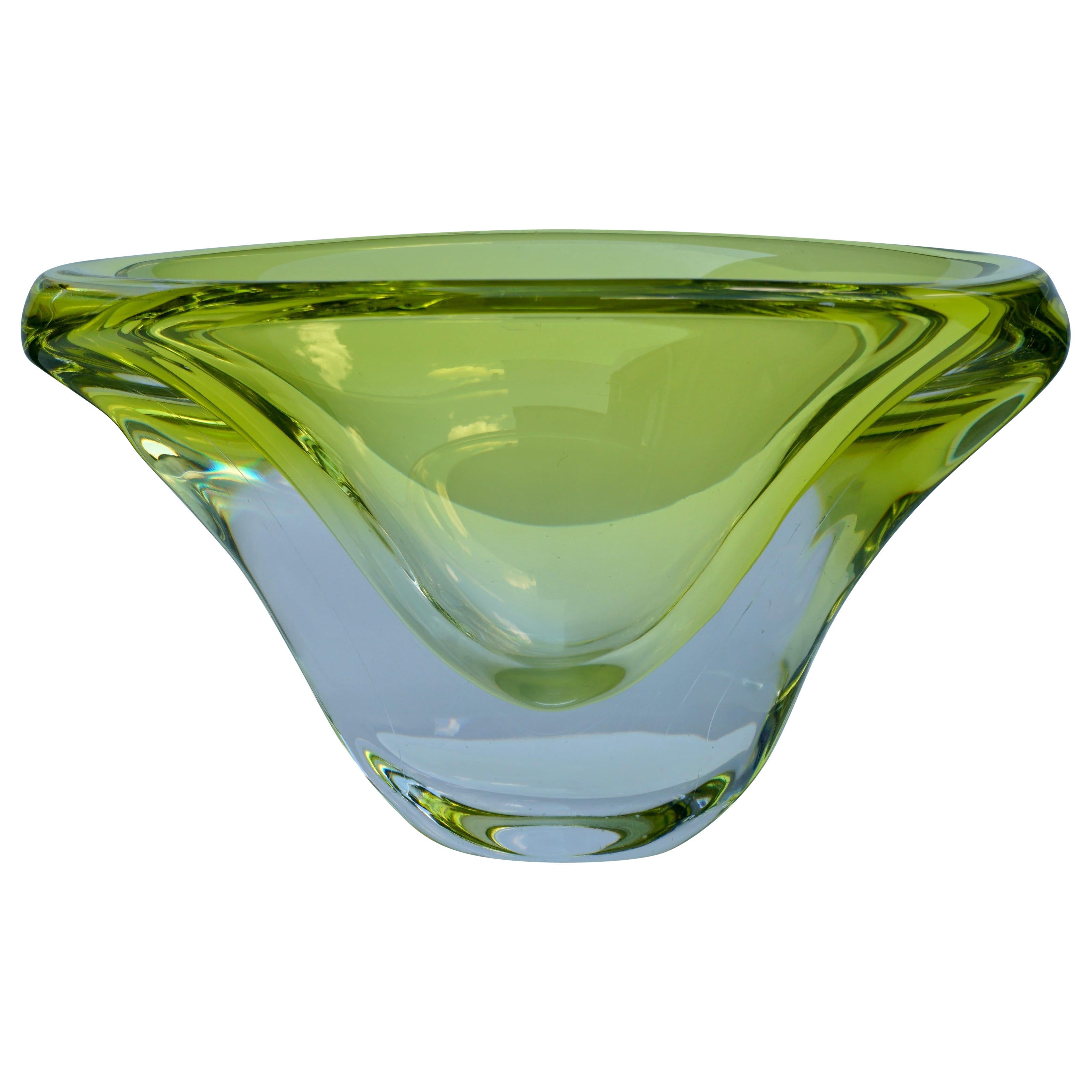 Val Saint Lambert Green Crystal Fruit Bowl Swirl Design For Sale