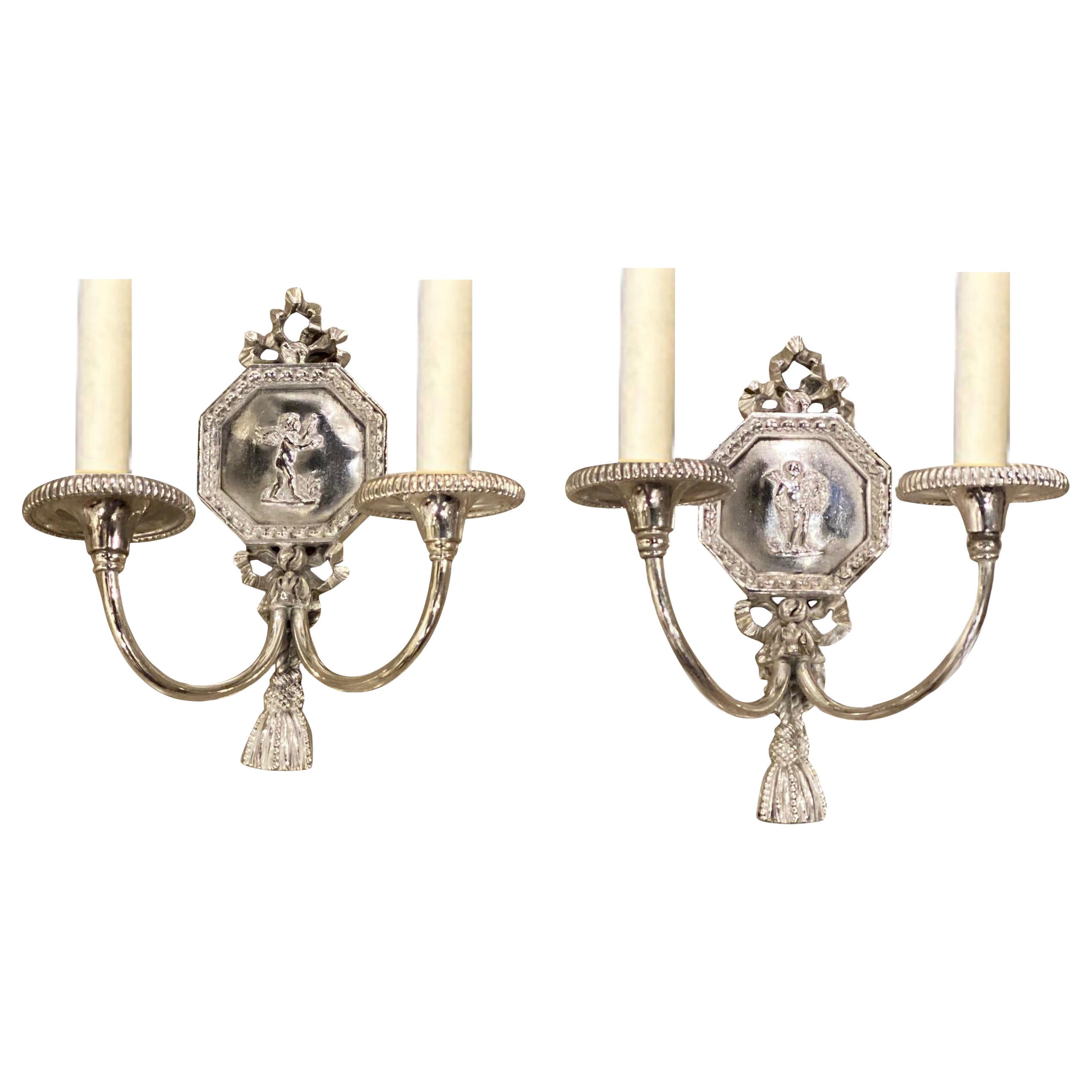 1920s Silver Plated Small Sconces With Cherubs For Sale