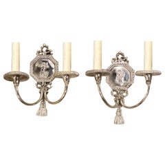 Antique 1920s Silver Plated Small Sconces With Cherubs