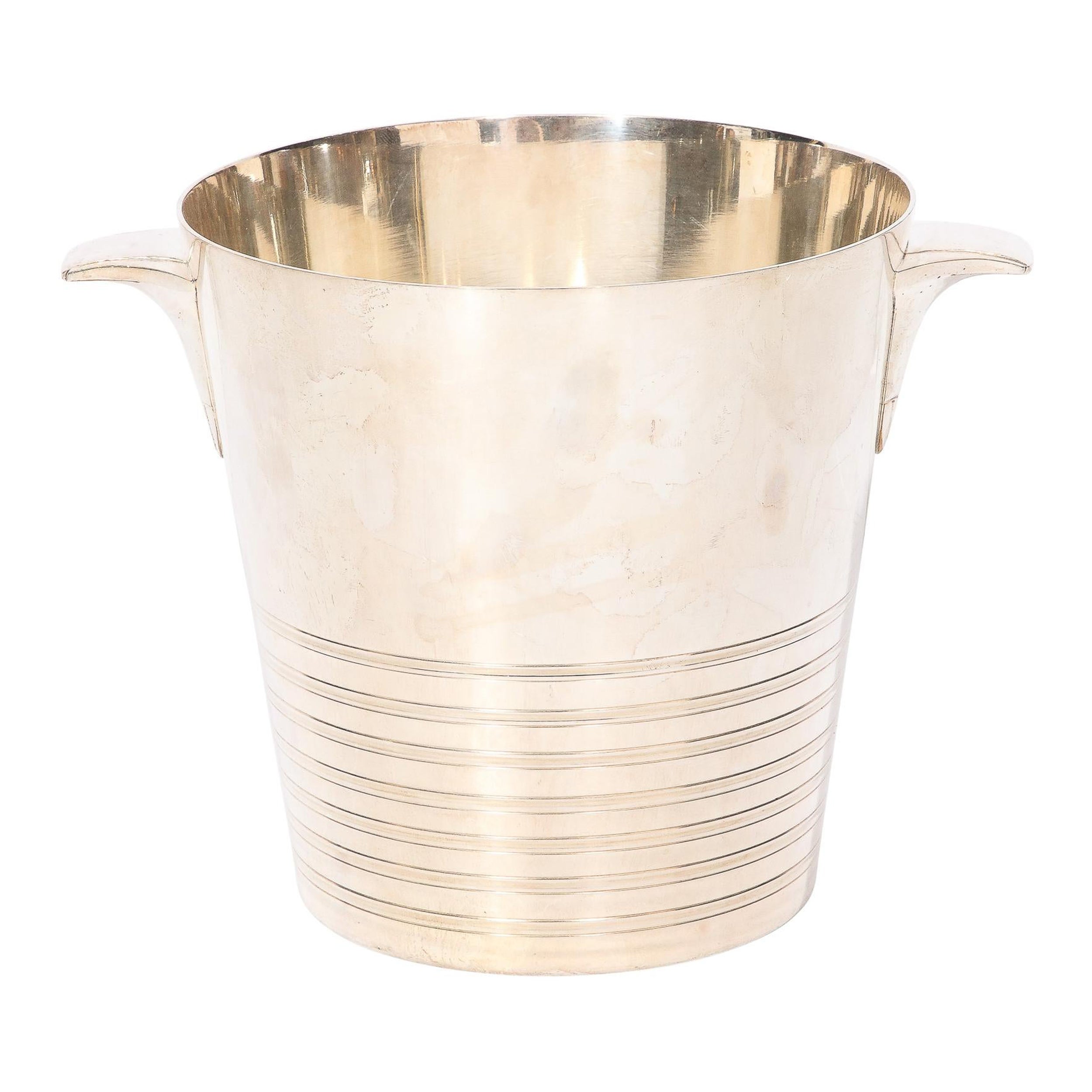 Art Deco Silver Plate Ice Bucket with Curved Handles and Banded Detailing For Sale