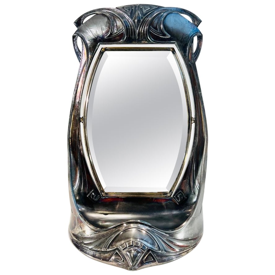 Grand miroir à poser allemand CIRCA Art Nouveau en étain chromé circa 1900