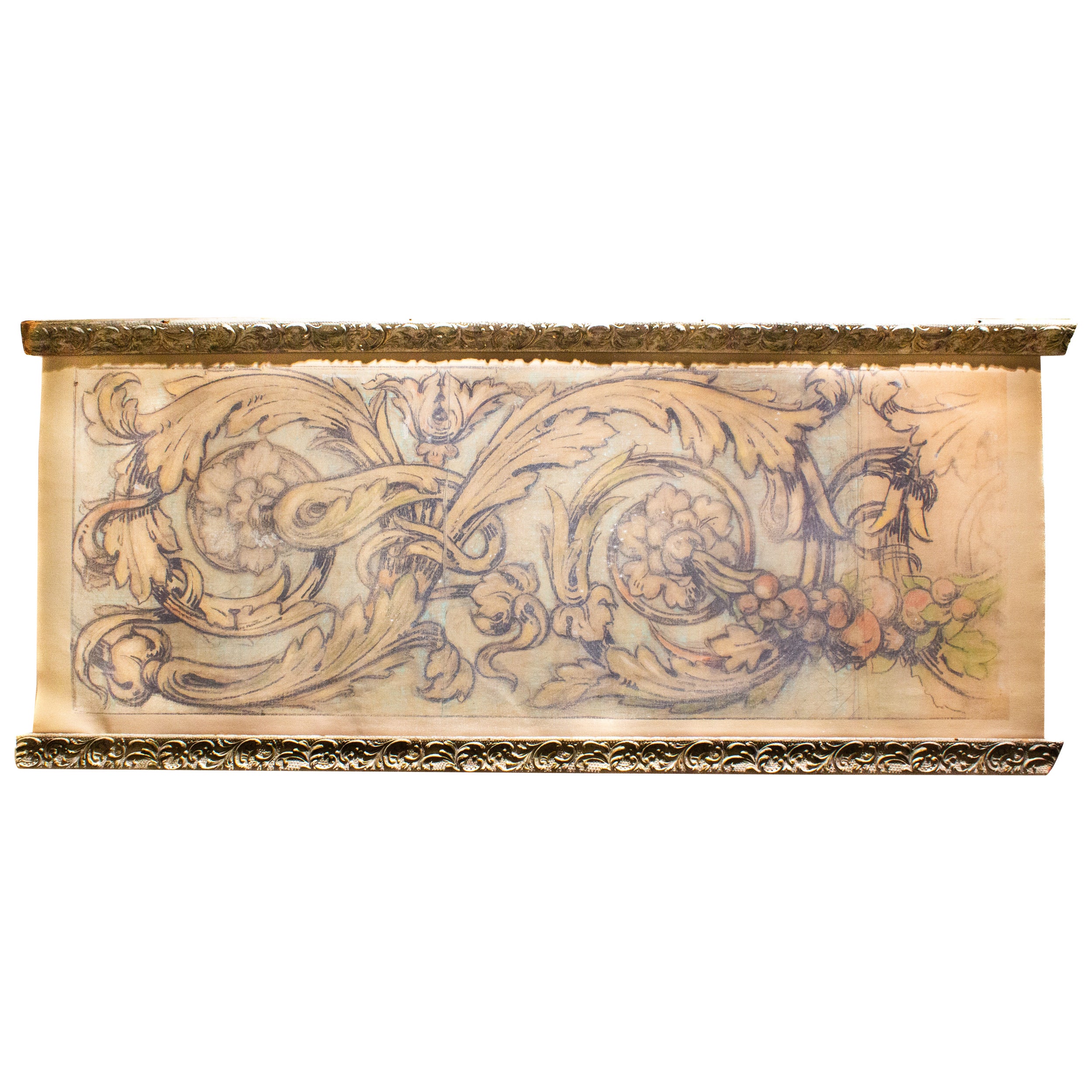 Impression italienne Spolvero Rococo « Fruit & Foliage » sur toile avec cadre ancien