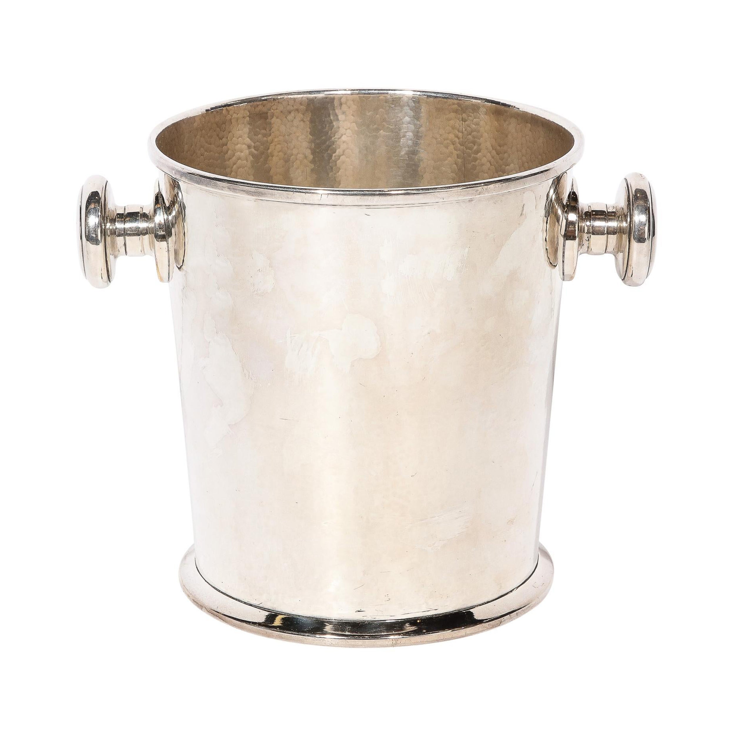 Art Deco Silver Plate Ice Bucket with Rounded Handles and Hammered Detailing For Sale