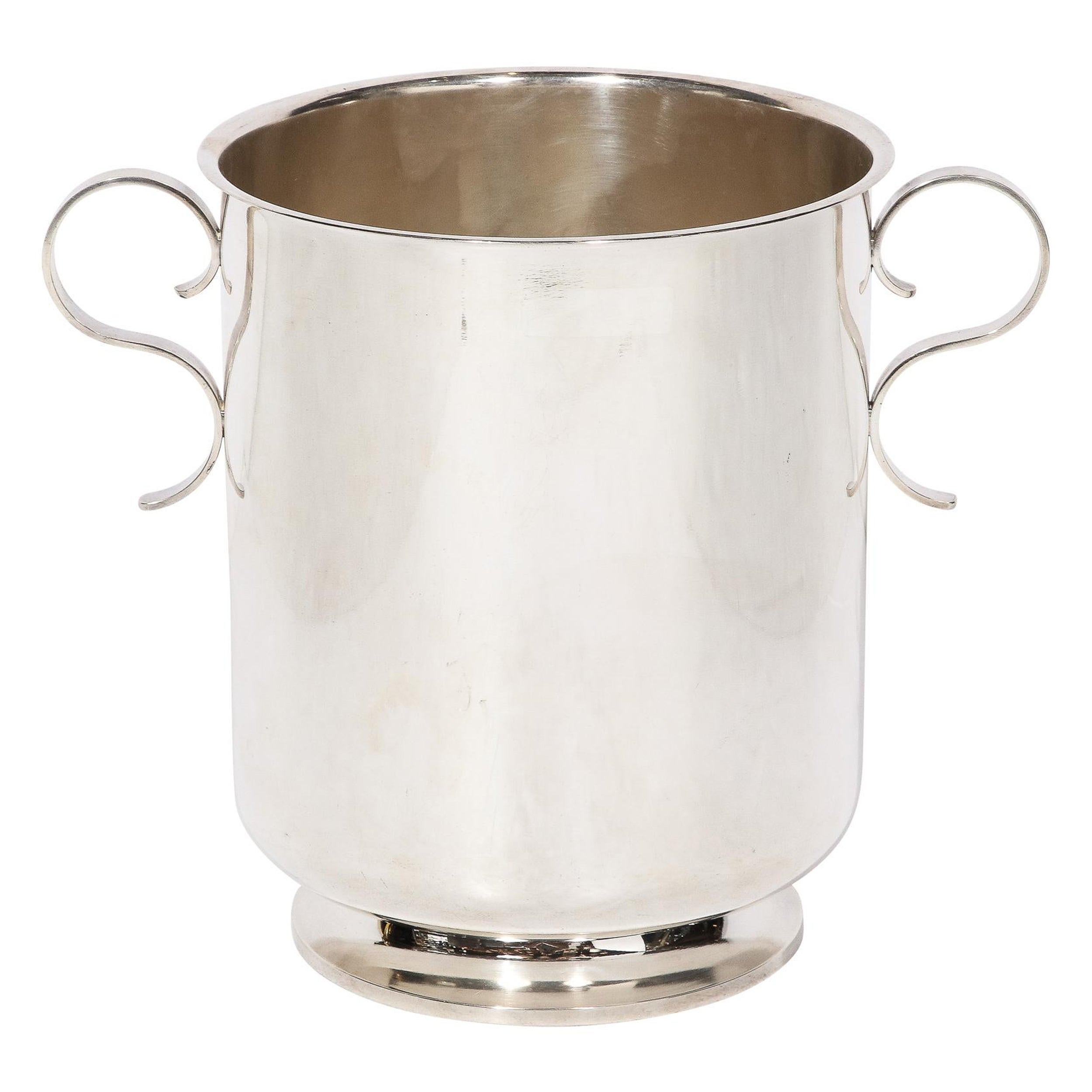Mid-Century Modernist Silver Plate  Ice Bucket with Minimal Scroll Form Handles