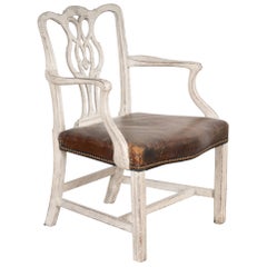 White Painted Arm Chair With Vintage Leather Seat, England circa 1790-1820