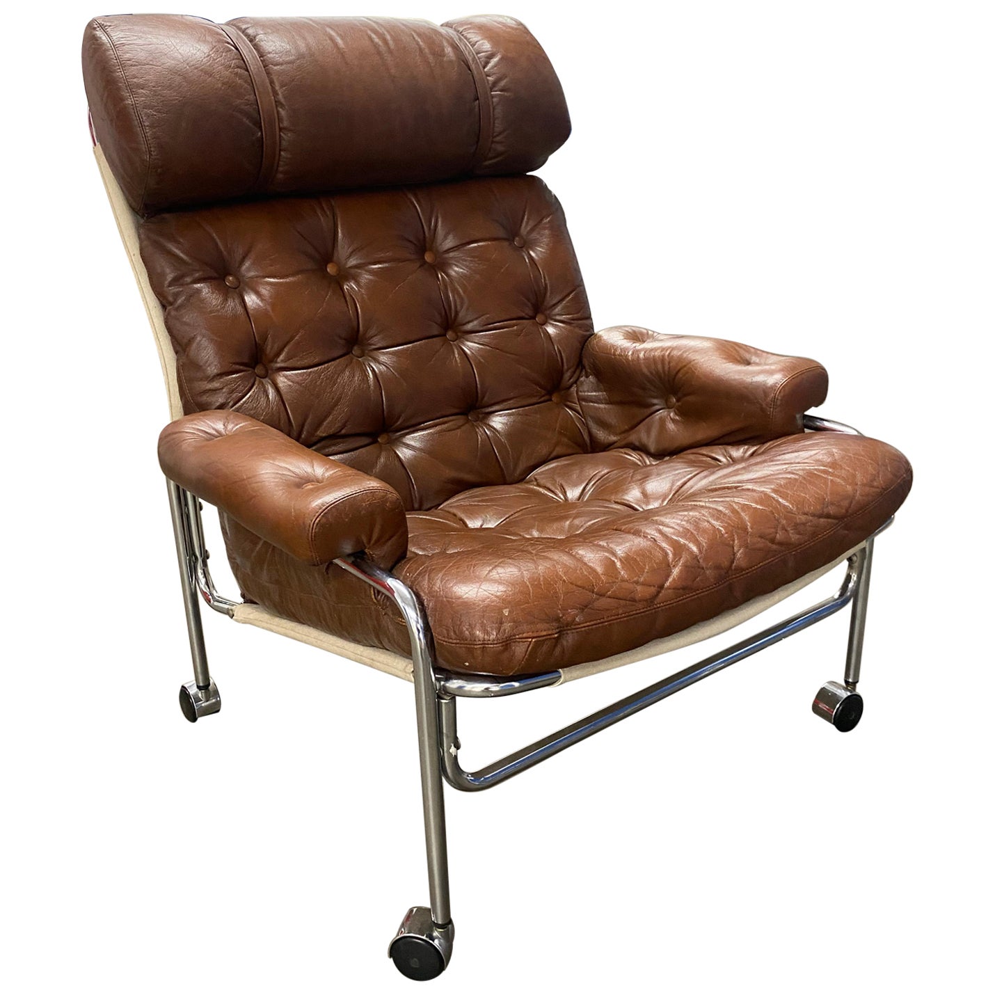 1960s Lindlöfs Lounge Chair in Chrome and Leather with footstool